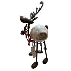 Pier1 Metal & Ceramic Reindeer Candle Holder With Detachable Glass Holly Ornamen